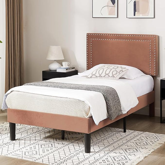 VECELO Platform Bed Frame Twin Size with Adjustable Upholstered Headboard, Strong Wood Slat Support, No Box Spring Needed, Easy Assembly