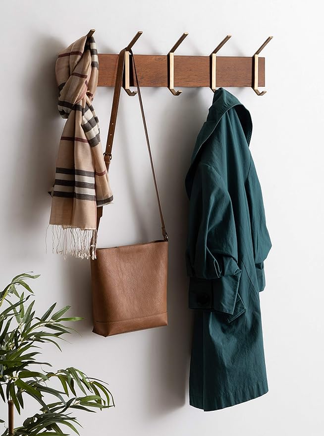 Kate and Laurel Rossmore Modern 5 Hook Shelf, Walnut and Gold, Mid-Century Coat Rack