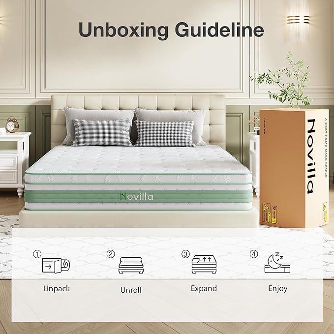 Novilla King Size Mattress 14 Inch, Hybrid Mattress King for Motion Isolation, Gel Memory Foam with Pressure Relief for Cool Night Sleep, Medium Firm Mattresses with Pillow Top, Certipur-Us Certified
