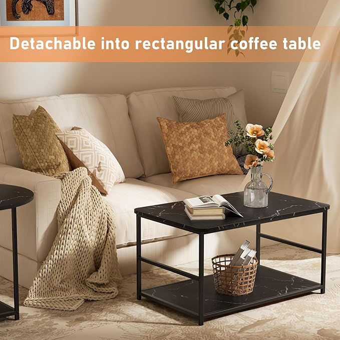WOHOMO Coffee Table, Black Modern Coffee Tables for Living Room 2 in 1Detachable Small Center Table Set with Storage, Black Marble