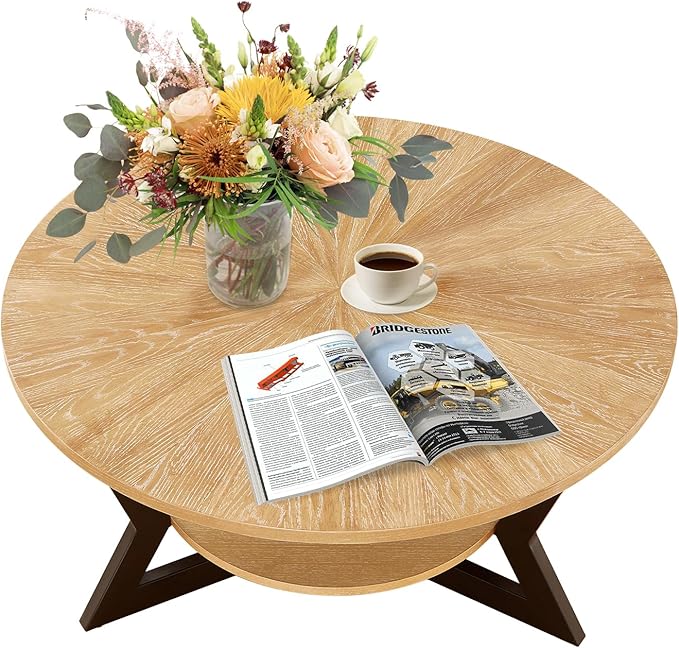 Round Wood Coffee Table for Living Room, 2-Tier Rustic Circle Coffee Table with Storage, 35”x 17” Real Wood Desktop with Metal Frame, Radial Pattern