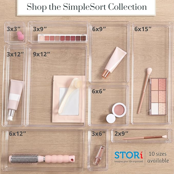 STORi SimpleSort 3-Piece Stackable Clear Drawer Organizer Set | 9" x 6" x 2" Rectangle Trays | Wide Makeup Vanity Storage Bins and Office Desk Drawer Dividers | Made in USA