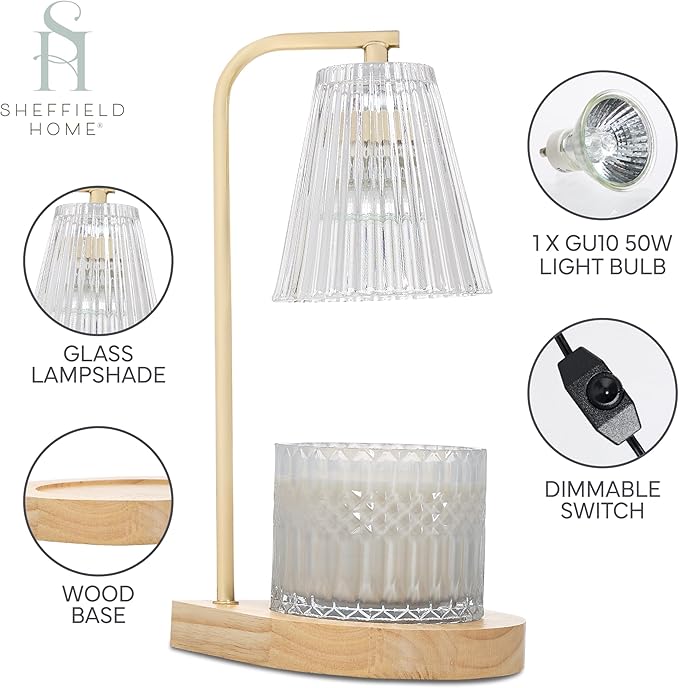 Sheffield Home Glass Candle Warmer Lamp – Elegant Candle Warmer for Long-Lasting Fragrance, Sleek Design, 13x7, Gold Ribbed Glass