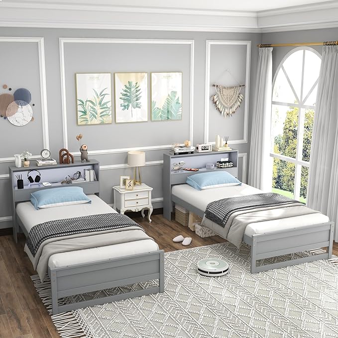 KOMFOTT Twin Size Wood Platform Bed Frame with Charging Station & LED Light, Platform Bed with Storage Headboard & 12” Under-Bed Space, No Box Spring Needed Bed Base, Wood Mattress Foundation (Grey)