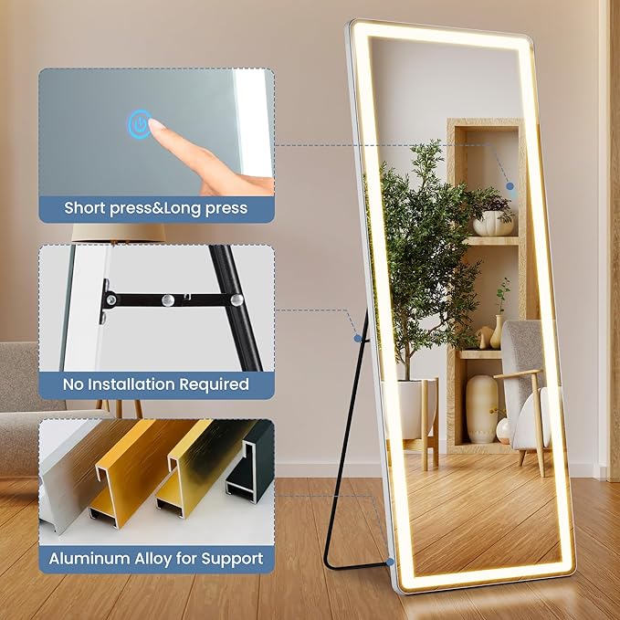OLIXIS 16"×60" Full Length Mirror with Light, LED Floor Full Body Mirror with 3 Color Lighting