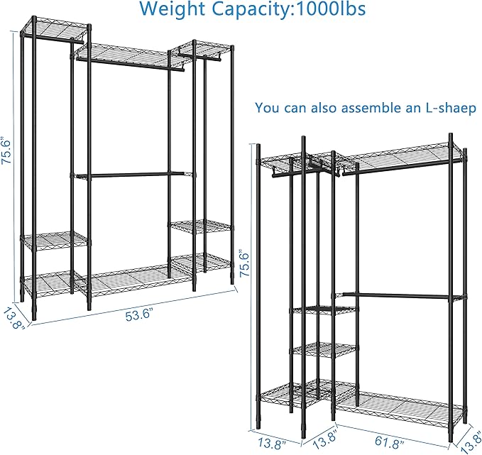 Garment Rack Heavy Duty Clothes Rack for Hanging Clothes,Metal Garment Rack,Freestanding Clothing Rack,Adjustable Custom Closet Rack,54" L x 13.8" W x 75.8" H, Max Load 750LBS,Black