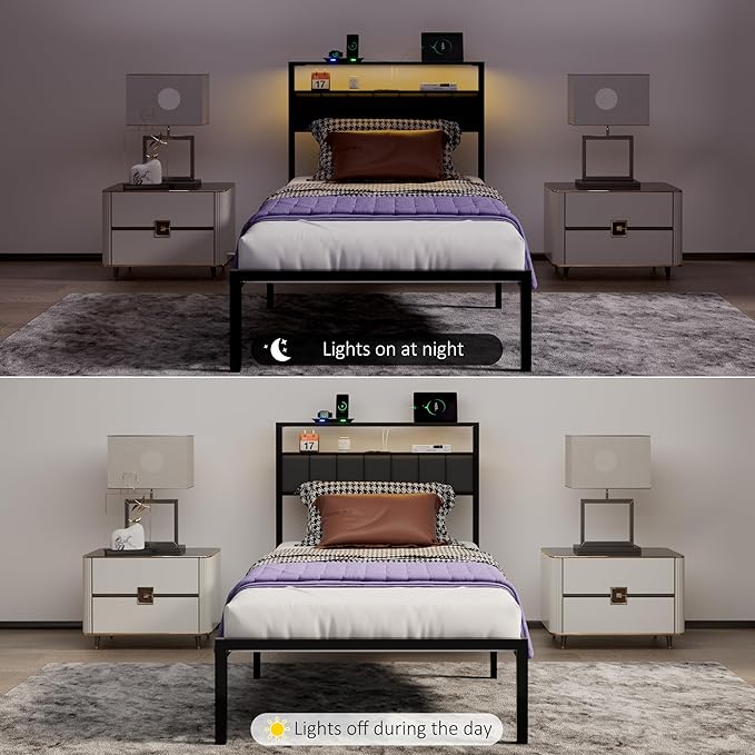 Twin Bed Frames with Charging Station and LED Lights, Twin Size Platform Bed with Metal Slats, Upholstered Headboard with 2-Tier Storage Shelves, No Box Spring Needed, Easy Assembly, Black