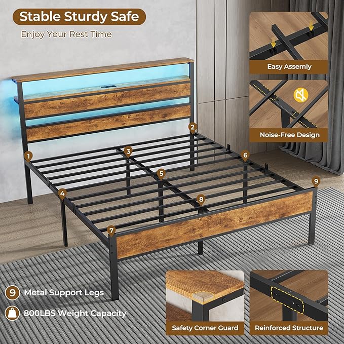 Hasuit Queen Bed Frame with Headboard LED Lights, Queen Size Bed with Charging Station 2-Tier Storage Shelves, Metal Platform Bed with Heavy Duty Slat, Fast Assembly, No Box Spring Needed, Noise Free