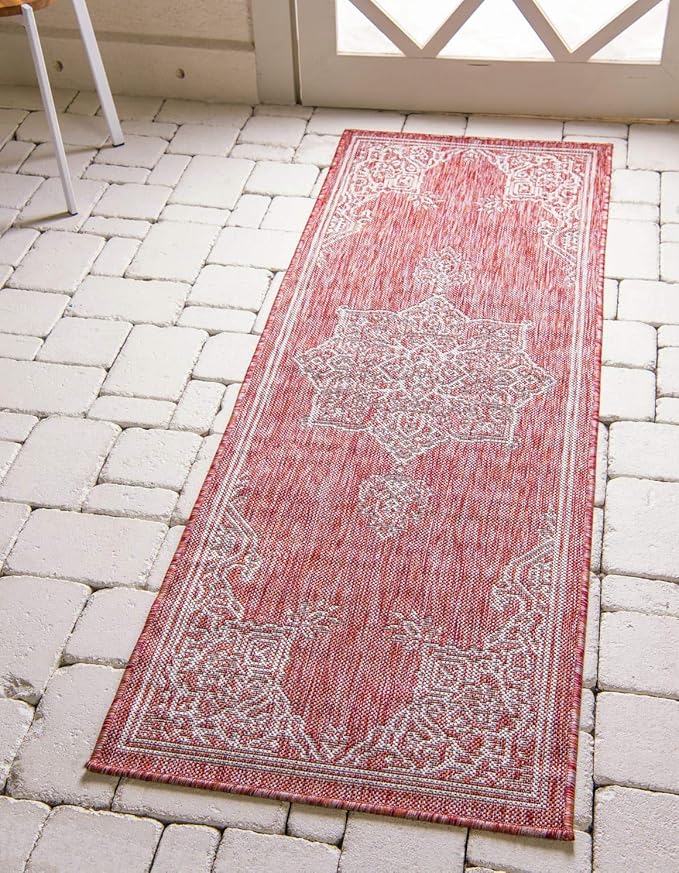 Unique Loom Outdoor Traditional Collection Area Rug - Antique (2' x 6' 1" Runner, Rust Red/ Gray)