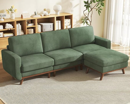 Vesgantti 97" Modular Sectional Sofa Green, L-Shaped Couch with Movable Ottoman, Comfy Corduroy Couch with Spring Cushion, Modular Sofa with Deep Seat for Living Room, Bedroom and Apartment