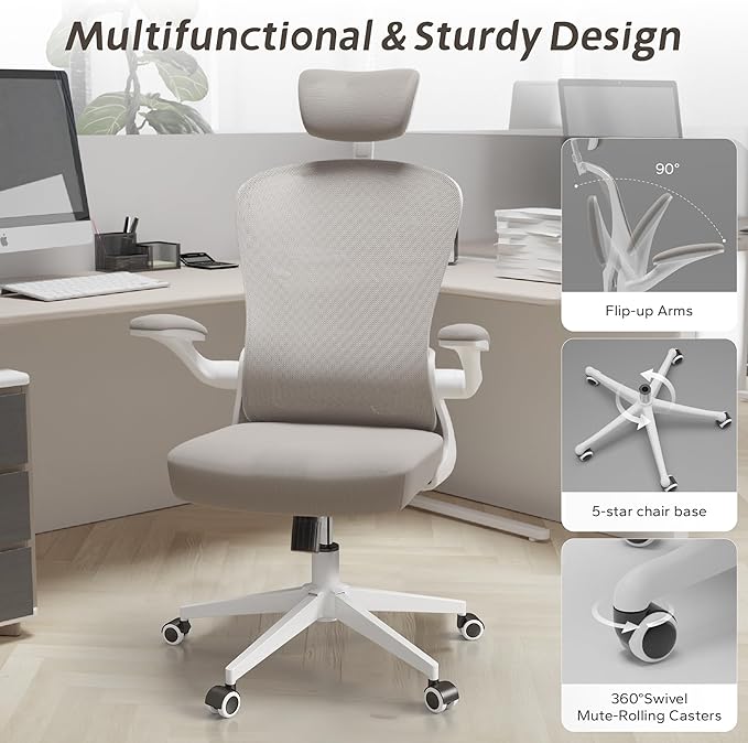 Drafting Chair, Ergonomic Tall Office Chairs for Standing Desk, Home Office Desk Chair with Lumbar Support and Adjustable Flip-up Armrests & footrest (02Grey)