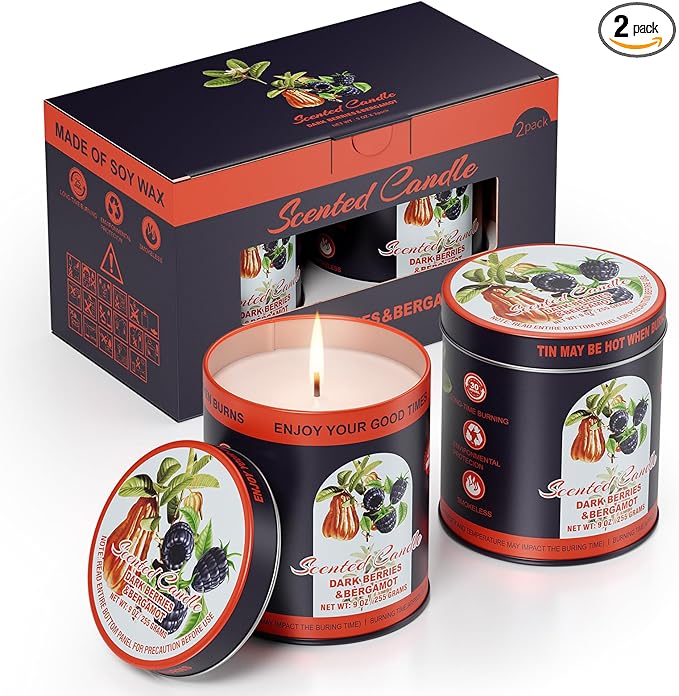 Premium Dark Berries & Bergamot Soy Wax Scented Candle Set - 9oz x 2 Pack, 80-Hour Burn Time, 8% Essential Oils for Aromatherapy Tin Jar Candle, Smoke-Free Relaxation,Yoga & Spa Gifts for Women/Men