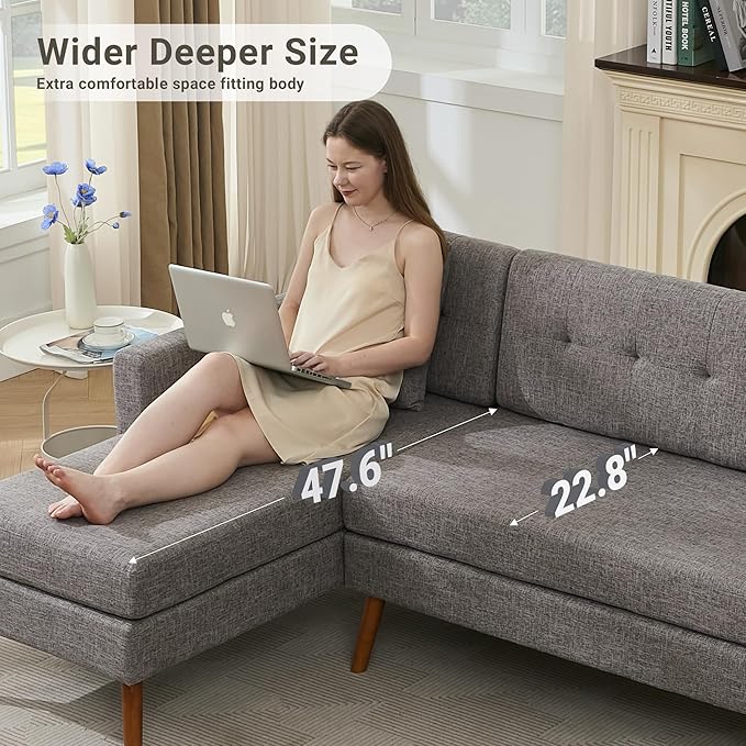 Tbfit L Shaped Couch Sofa, 80" W Mid-Century Modern Sectional Couches, 3 Seater Sofas with Wide Chaise Lounge & Two Pillows,Button Tufted Upholstered Sectional Sofa for Living Room, Bedroom, Gray