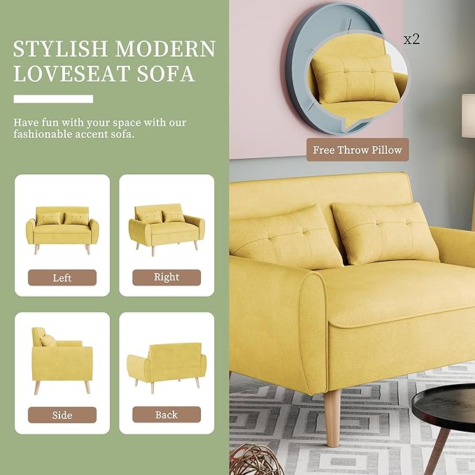 Vongrasig 47" Small Modern Loveseat Sofa, Mid Century Linen Fabric 2-Seat Sofa Couch Tufted Love Seat with Back Cushions and Tapered Legs for Living Room, Bedroom and Small Space (Yellow)