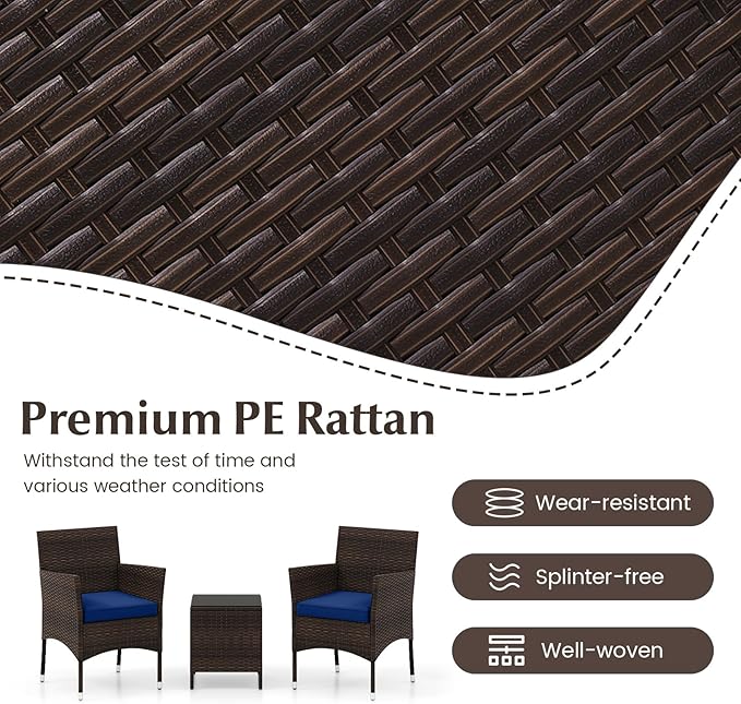 Tangkula 3 Pieces Patio Rattan Furniture Set, Outdoor Conversation Set with PE Wicker Armchairs, Tempered Glass Top Coffee Table, Soft Removable Cushions, for Porch Garden Yard Balcony (Navy)