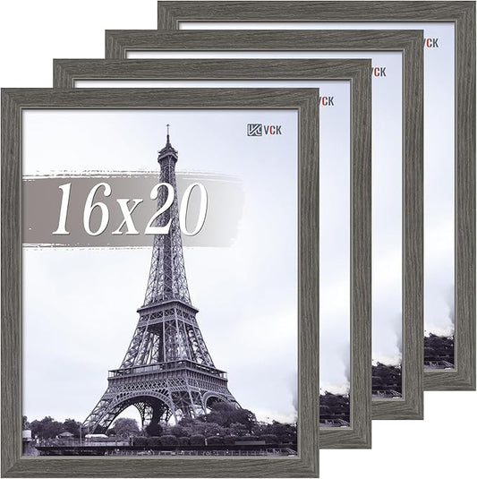 VCK 16x20 Picture Frame Set of 4 - Grey, Gallery-Quality Wood Poster Frames, 1.1-Inch Wide Border, Polished Plexiglass, Vertical or Horizontal Wall Display for Photo/Art/Prints, Grey