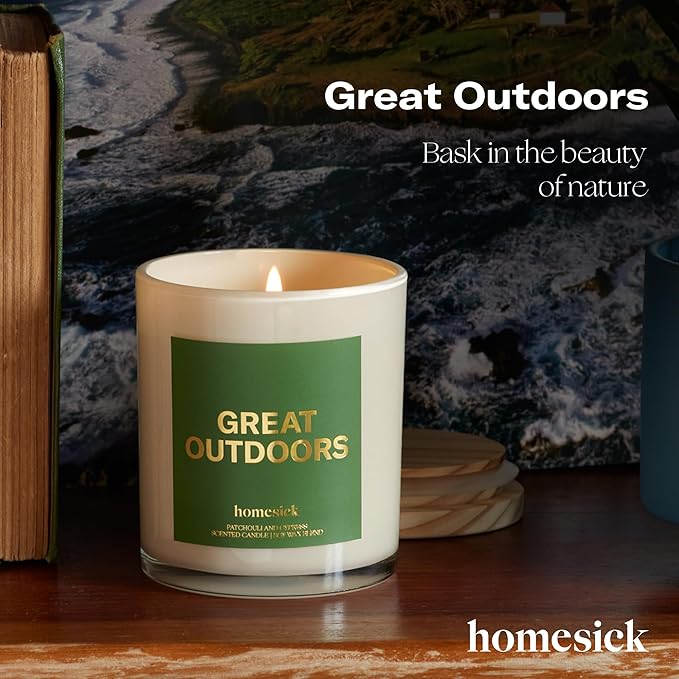 Homesick Scented Candles for Home (Great Outdoors) - 7.5 oz Long-Lasting Natural Soy Wax Blend Jar Candle Gift for Women & Men for All Occasions, 30-35 Hours Burn Time - Notes of Patchouli & Cypress