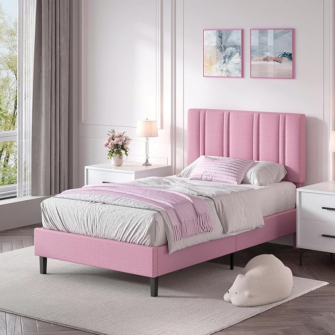 Twin Bed Frames with Tufted Headboard, Upholstered Platform Bed with Wooden Slats Support, Princess Bed Frame for Girls, Easy Assembly, No Box Spring Required, Pink