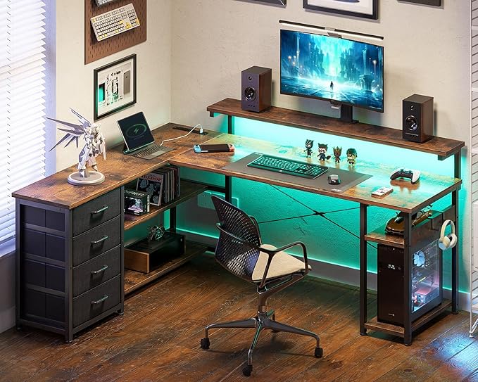 AODK 61" L Shaped Desk with Drawer, Computer Desk with Power Outlets & LED Lights, Reversible Corner Gaming Desks for Home Office Workstation, Office Table with Monitor Shelf, Vintage