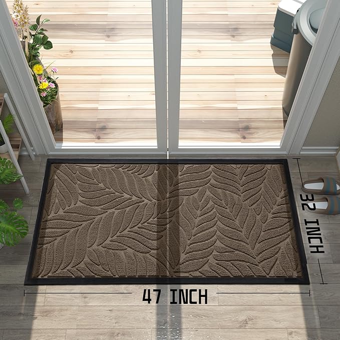Yimobra Front Door Mat Outdoor Indoor, 47x32 All-Season Waterproof Welcome Mat, All-Weather Outside Entrance Mat, Non-Slip Patio Porch Doormat, Low Profile, Fade Resistant, Brown