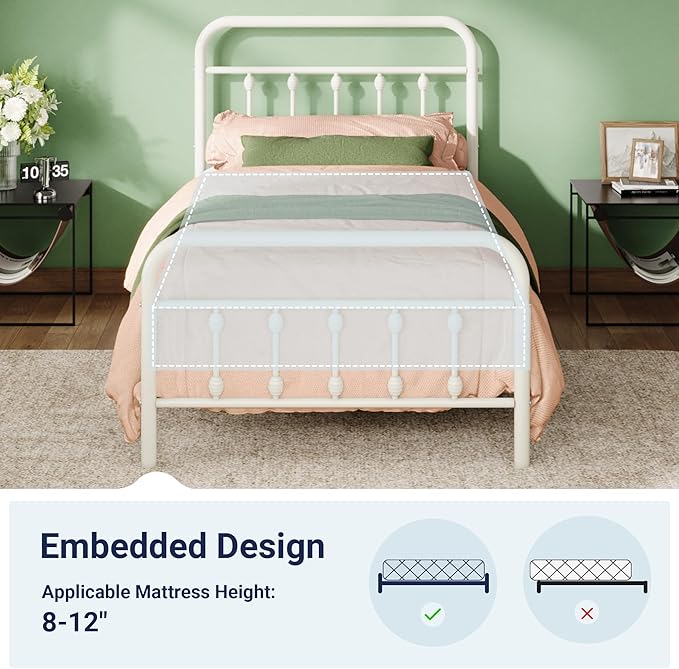 Allewie 14 Inches Twin Size Metal Platform Bed Frame with Victorian Style Iron-Art Headboard/Footboard, Mattress Foundation, Easy Assembly, Under Bed Storage, No Box Spring Required, White