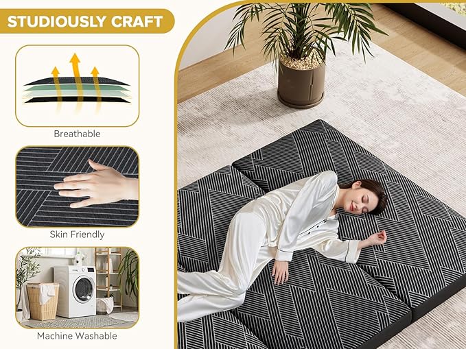 Vamcheer Foldable Mattress Single Size, 4 Inch Tri Folding Mattress, Handle & Non-Slip Bottom with Washable Cover for Travel RV Camping Guest Room, 75"x25"x4", Grey
