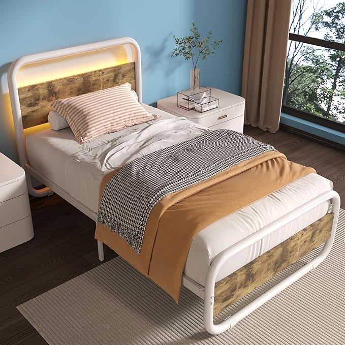 Catrimown Twin Size Bed Frame, Twin Size Platform Bed Frame with LED and Wood Headboard, Metal Rustic Bed Frame with Under Bed Storage, Noise Free, No Box Spring Needed, Easy Assembly, White