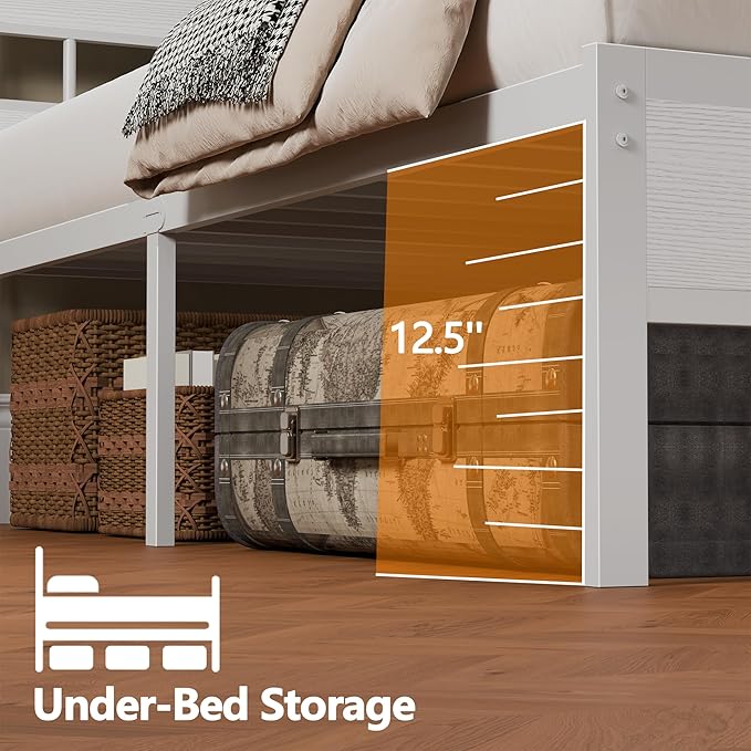 Furnulem Twin Bed Frames with Charging Station and LED Lights, Twin Size Platform Bed with Metal Slats, Wood Headboard with 2-Tier Storage Shelves, No Box Spring Needed, White