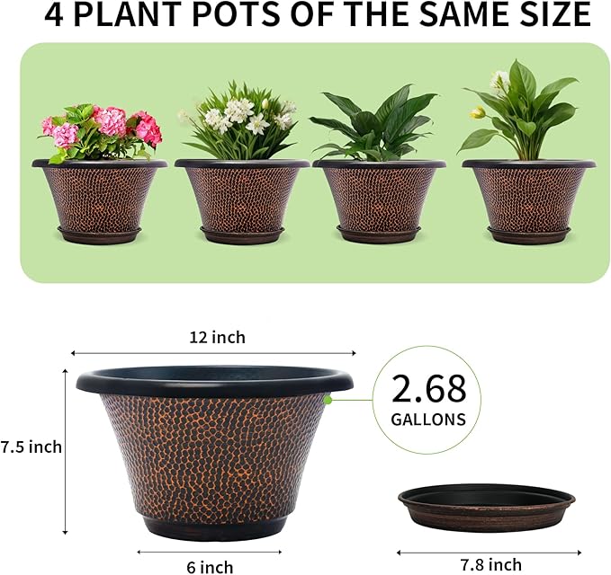 Quarut 12 Inch Pots for Plants,4 Pack Large Flower Pots with Drainage Hole & Saucer,Modern Planters for Indoor Outdoor Plants,Decorative Resin Garden Pots Brown