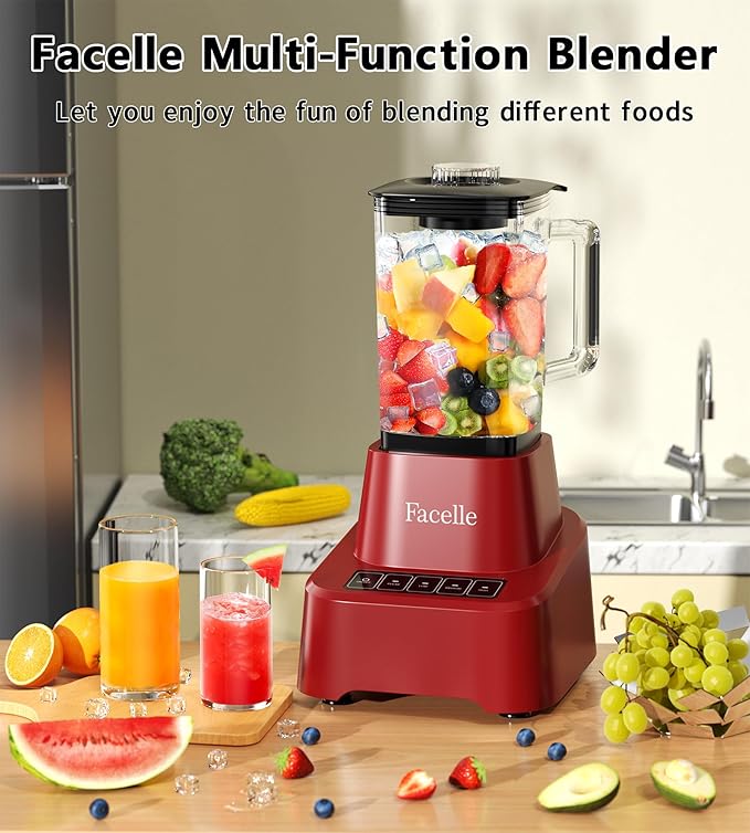 Red Smoothie Blender, Facelle Countertop Blender for Kitchen, 55 oz Glass blender for smoothies and Shakes, Licuadora, Smoothie maker with touchscreen 3+P Speeds, Cleaning brush & removable SS blade