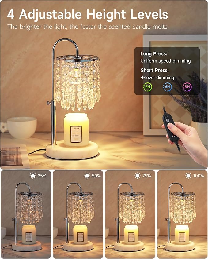 Candle Warmer Lamp with Timer Dimmer and 3 Bulbs, Lamp Candle Warmer with Marble Base for Adjustable Height, Crystal Candle Warmer Lamp for Jar Candles, House Warming Decor Gifts, Silver