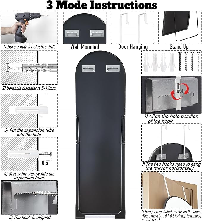 57x16 Door Hanging Full Length Mirror, Floor Stand (Height 5.7ft just Body in1.3ft) / Wall Mounted Metal Frame Arch Dressing Mirrors for Bedroom Living Room 57 inch Black