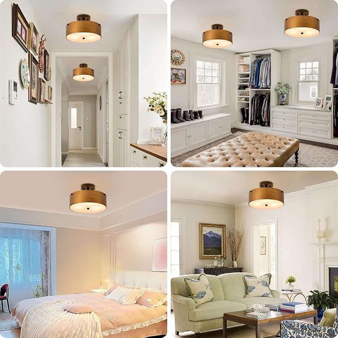 Gold Semi Flush Mount Ceiling Light, Modern Drum Chandelier with Brass Gold Metal Shade, Vintage Close to Ceiling Light for Kitchen Entryway Bedroom Laundry Room, 3-Light, 12 Inch