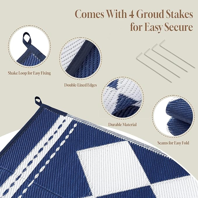 OMERAI Reversible Waterproof Outdoor Rug for Backyard,Plastic Textured Resistant Outdoors Rugs,Portable Washable Easy Cleaning Foldable Camping Beach Carpet for Patio Courtyard, 8'x10' Blue & White