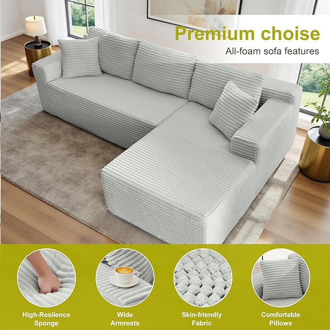 105''Sectional Cloud Couch with L Shaped Chaise,Modern Modular Sectional Sofa,Boneless Couch with Deep Seat,Comfy Couches for Living Room (Light Grey, Right Facing Chaise)