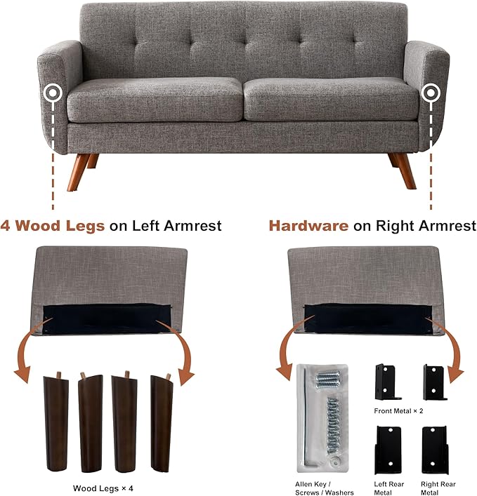 Tbfit 65" W Loveseat Sofa, Mid Century Modern Love Seat Couches for Living Room, Button Tufted Upholstered Small Couch for Bedroom, Solid and Easy to Install Love Seats Furniture, Grey