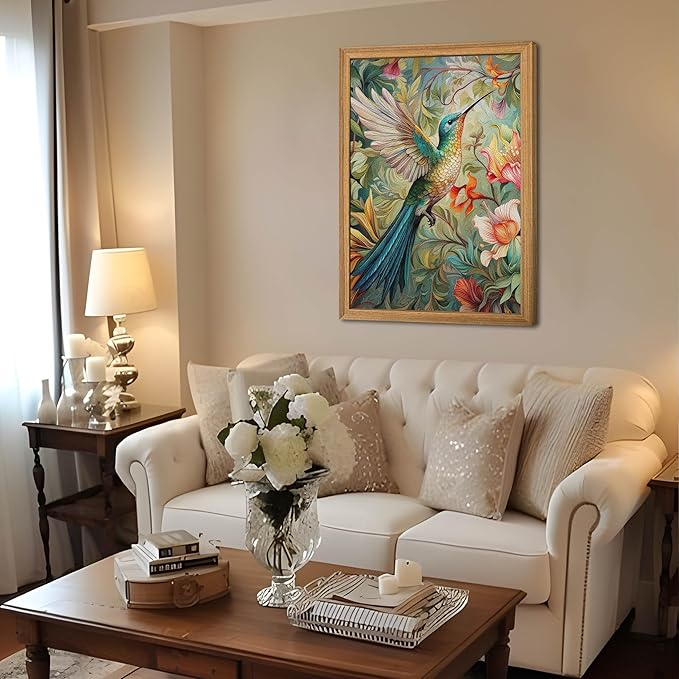 Framed Vintage 3D Textured Wall Art - Colorful Hummingbird Floral Wall Decor - Hand Painted Sandstone Nature Botanical Picture for Living Room Bedroom Home Decor 24x36 inch