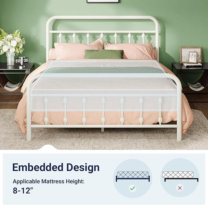 Allewie 14 Inches Queen Size Metal Platform Bed Frame with Victorian Style Iron-Art Headboard/Footboard, Mattress Foundation, Easy Assembly, Under Bed Storage, No Box Spring Required, White
