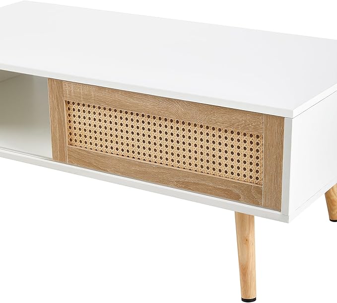 Rattan Coffee Table, 40.3" Mid Century Modern Coffee Table with Storage, Farmhouse Rectangle Wooden Accent Center Sofa Table for Living Room, White