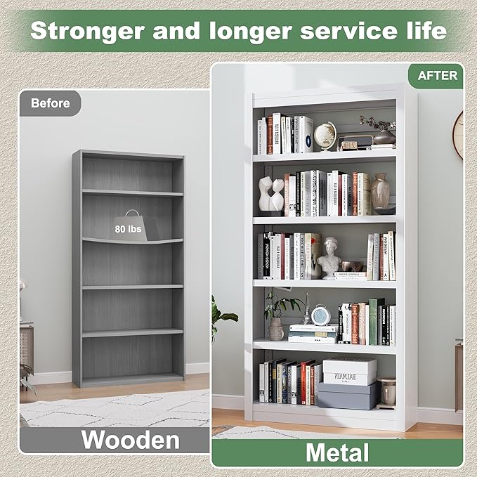 5-Shelf Heavy Duty Metal Bookcase, Adjustable Bookshelf with Large Capacity, Bookshelf for Home Office, Living Room, Garage