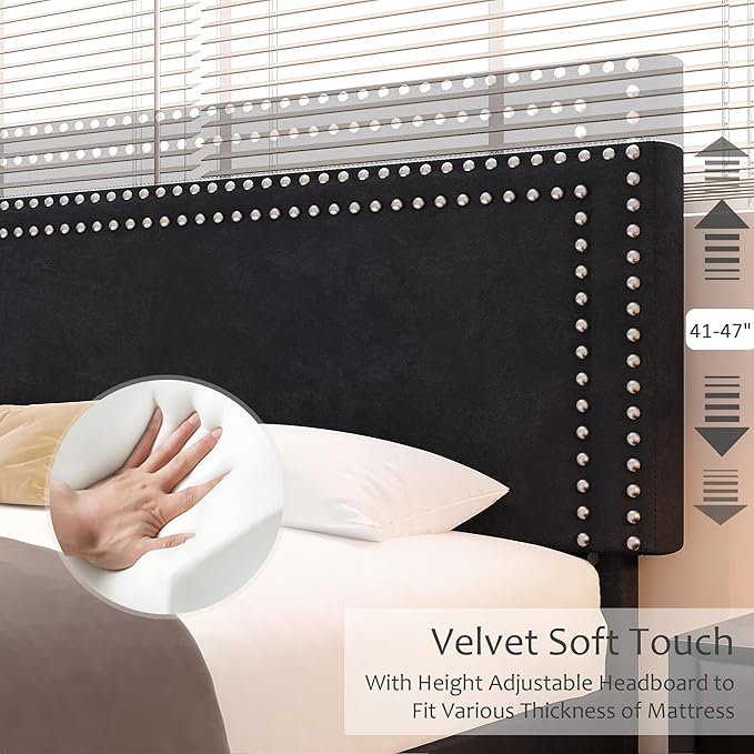 VECELO Full Size Platform Bed Frame with Adjustable Upholstered Headboard, Modern Mattress Foundation,Strong Wood Slat Support, No Box Spring Needed, Easy Assembly