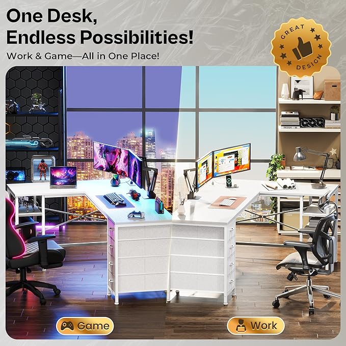 Huuger 55 Inch L Shaped Desk with Fabric Drawers, Reversible Computer Gaming Desk with Power Outlets and USB-C Port, Adjustable Side Storage Shelves, for Work Study Corner Home Office, White