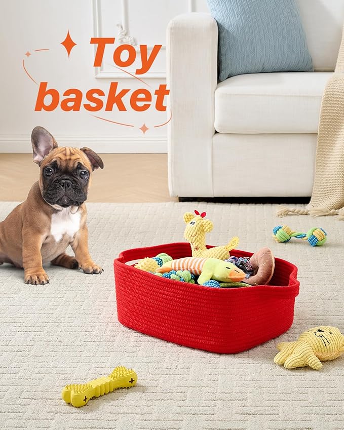 KALLAX Small Woven Basket, 14 x 10 x 5.6 Inches, Small Storage Baskets for Organizing, Gift Baskets Empty, Cute Rope Shelf Closet Storage Bins for Shelves, Dog Toy Basket, Red