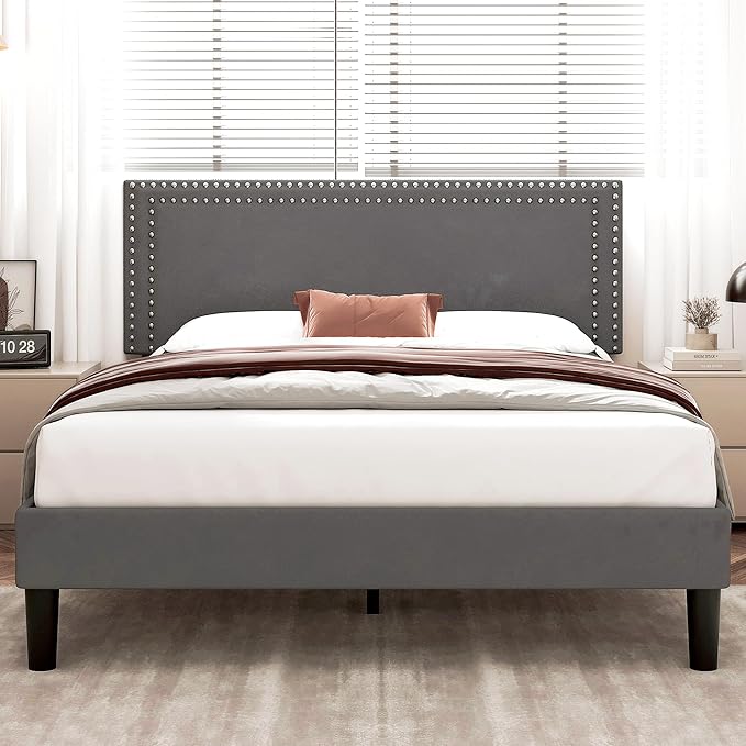 VECELO Queen Size Bed Frame with Adjustable Upholstered Headboard, Wooden Slats Platform, Noise-Free Design, No Box Spring Needed, Easy Assembly
