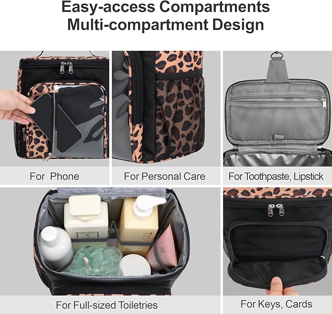 F-color Hanging Shower Caddy Portable - College Dorm Essentials for Guys with Hooks, Quick-Dry Shower Bag for Dorm Travel Gym Camping Essentials, Water-Resistant with Multiple Pockets, Leopard