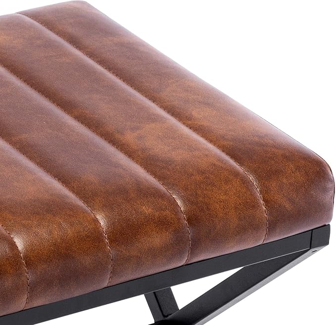 DUHOME Vanity Stool,Faux Leather Ottoman Chair for Vanity,Small Vanity Bench with Metal X Legs, Rectangle Vanity Seat Foot Rest Stool for Dressing Room, Living Room, Bathroom,Yellowish Brown