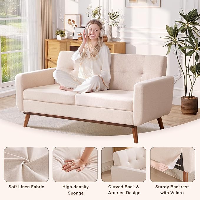 Kingfun 65" W Loveseat Sofa, Mid Century Modern Decor Love Seat Couches for Living Room, Button Tufted Upholstered Furniture, Solid & Easy to Install Small Couch for Bedroom Office Apartment,Oatmeal