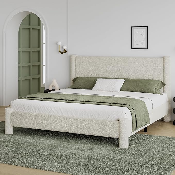 King Size Soft Bed Frame, Boucle Bed Frame with Headborad, Upholstered Platform Bed Frame with Rounded Corners, No Box Spring Required, Easy Assembly, Cream