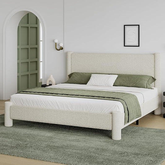 King Size Soft Bed Frame, Boucle Bed Frame with Headborad, Upholstered Platform Bed Frame with Rounded Corners, No Box Spring Required, Easy Assembly, Cream