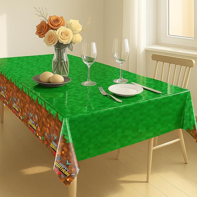 8Pcs Pixel Miner Party Decorations Tablecloth, 54" x 108" Gamer Birthday Tablecloth Disposable Plastic Pixel Gaming Birthday Decorations Table Cover for Kids Gamer Party Supplies